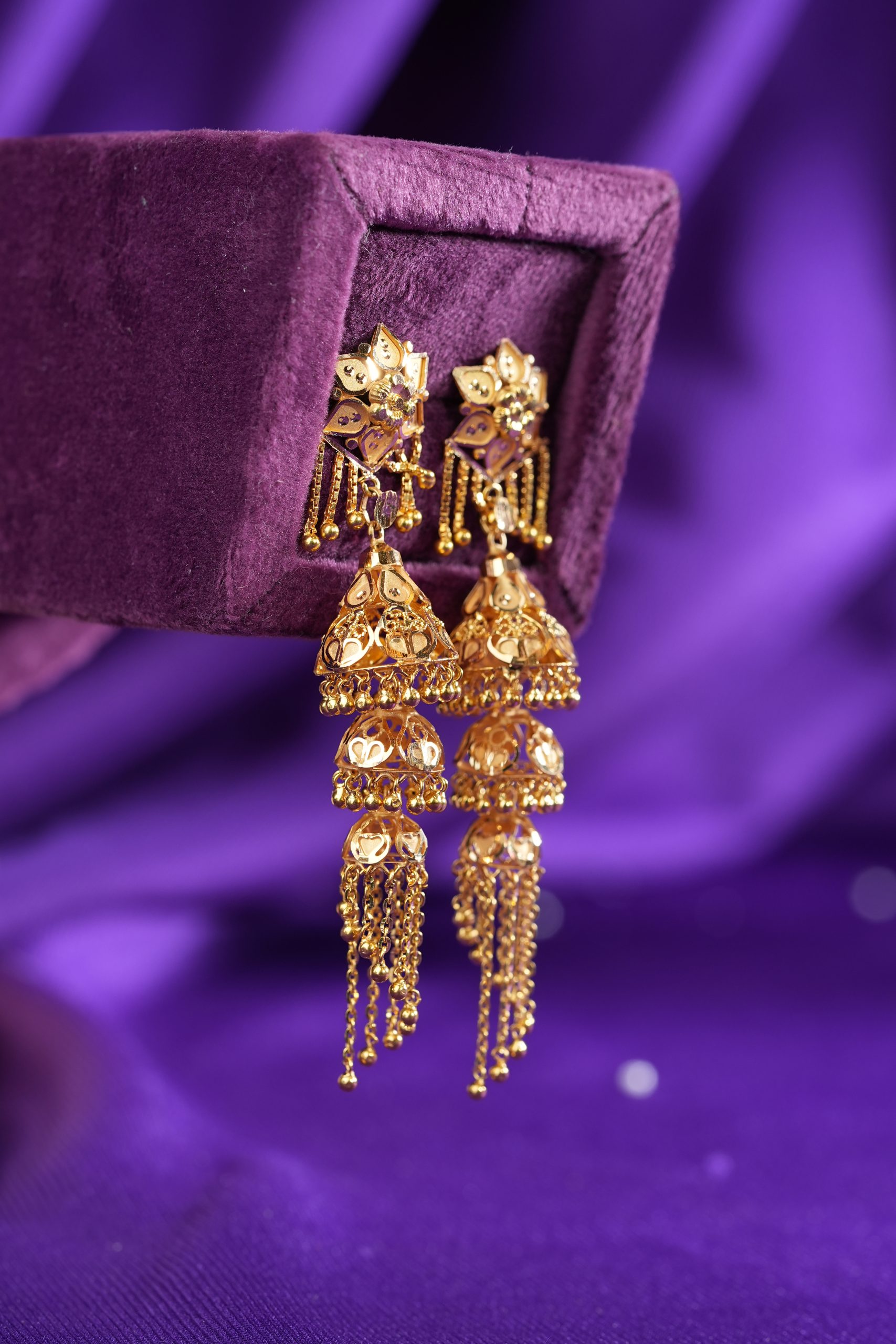 Rajhira Jhumka | Triple-Layered Gold Jhumka