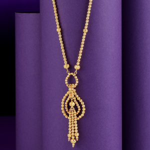 Eterna Knot 18KT yellow gold chain with decorative links, an interlocking loop and teardrop-shaped pendant, and multiple dangling gold elements by Taqwa Jewellers.