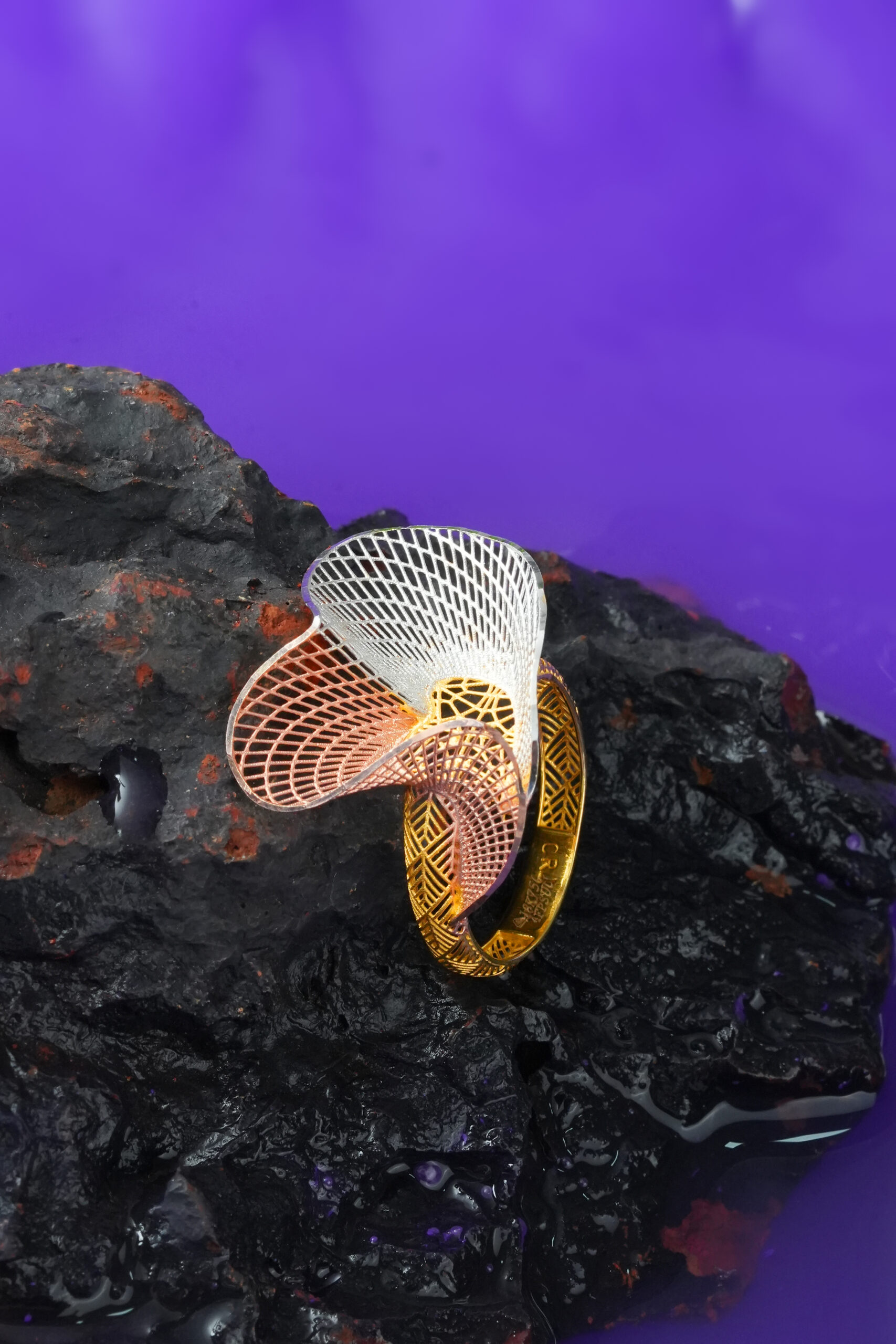 Zahira – 18kt Petite Bloom Gold Ring (2.210 gms) Taqwa Exclusive | Delicate Floral Mesh Artistry