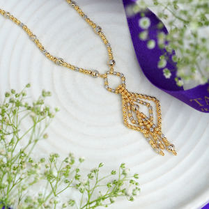 Noor Drop 18KT Gold Chain by Taqwa Jewellers with geometric drop pendant and three tassel details.