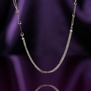 22KT gold chain with a bar-and-ring side, paperclip links, rhodium dome caps and fine multi-strand diamond-cut chains.