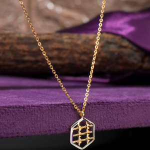 Hexa 18KT gold chain with a hexagon pendant, a rhodium frame and a yellow gold box grid, by Taqwa Jewellers.