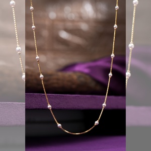 Luna 18KT gold chain, a box chain in yellow gold with white station pearls, by Taqwa Jewellers.