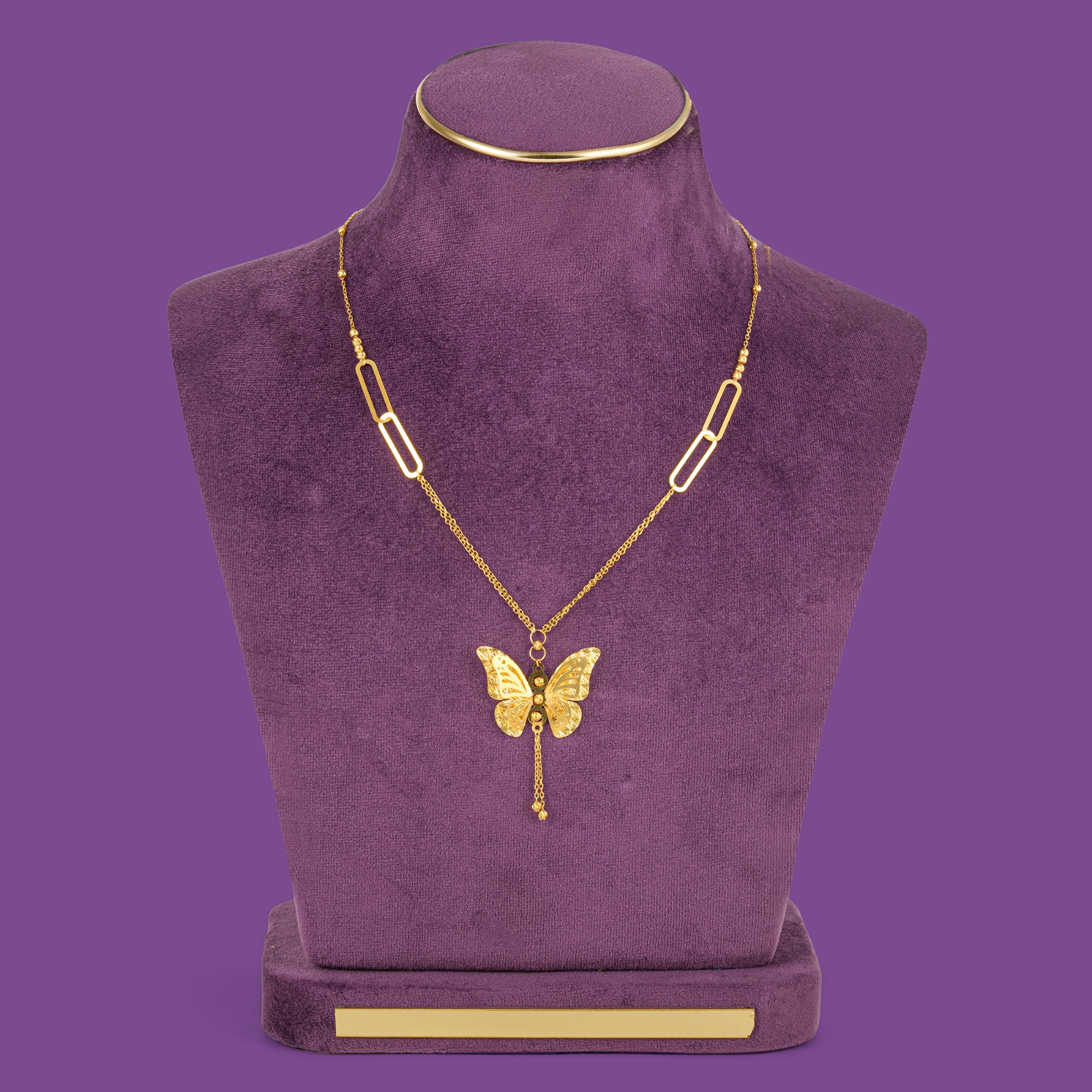 18KT gold butterfly necklace set with bracelet, ring and earrings featuring open-winged butterflies and slim open links.