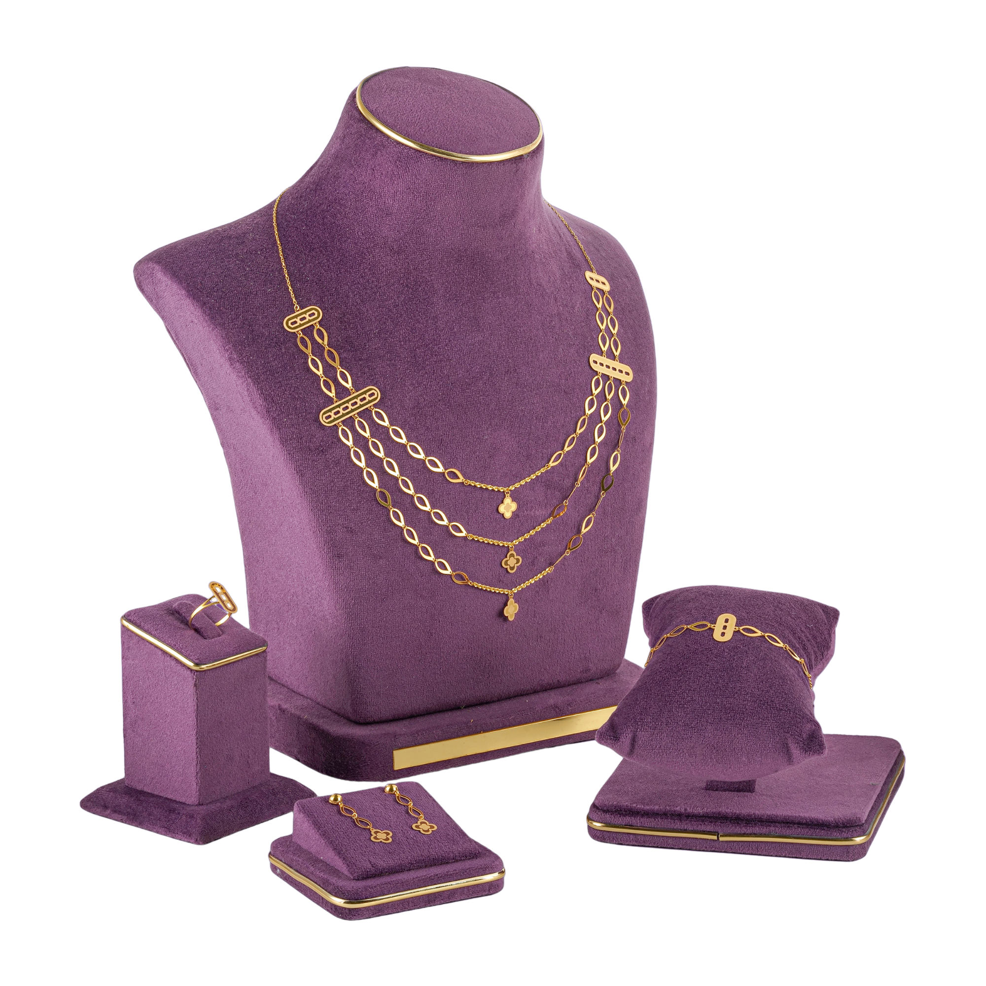 Gleam Gold Necklace Set by Taqwa Jewellers with a three-tier almond-link necklace, bracelet, earrings and ring.