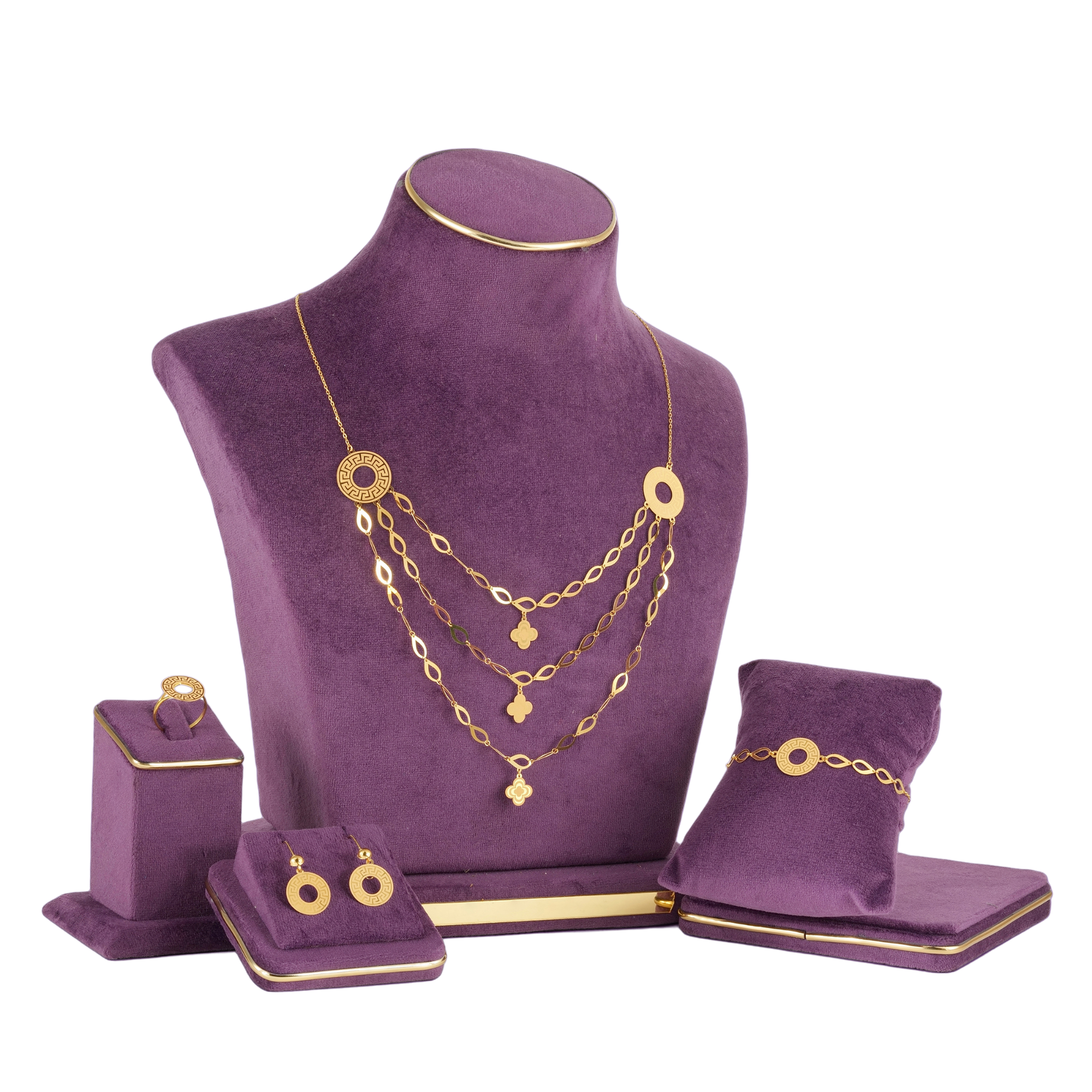 Halo Gold Necklace Set by Taqwa Jewellers with an almond-link necklace, bracelet, ring and earrings on round open discs.