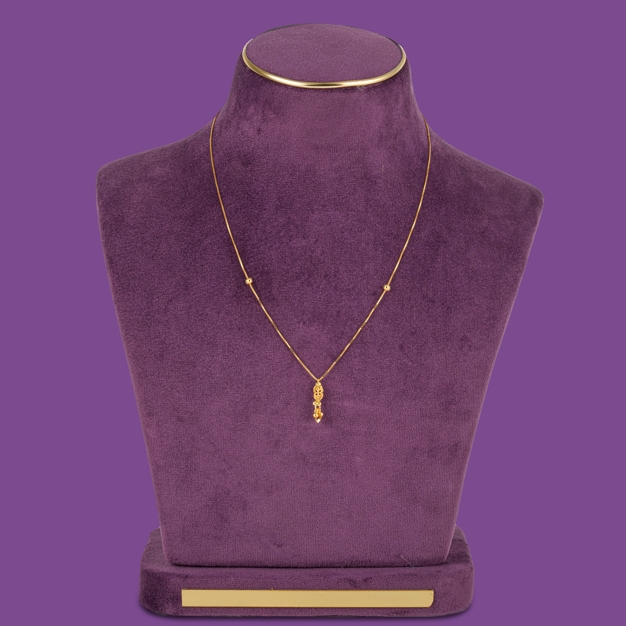 Lattice Gold Chain, a 22KT gold box chain with two round beads and an open-work pendant with a bead drop, by Taqwa Jewellers.